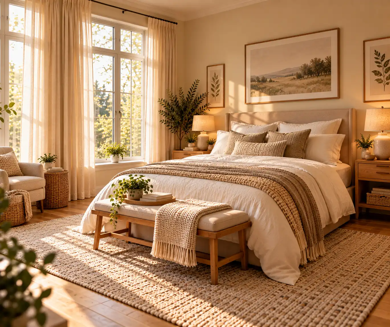 Cozy bedroom with soft linen curtains, neutral bedding, and natural daylight.