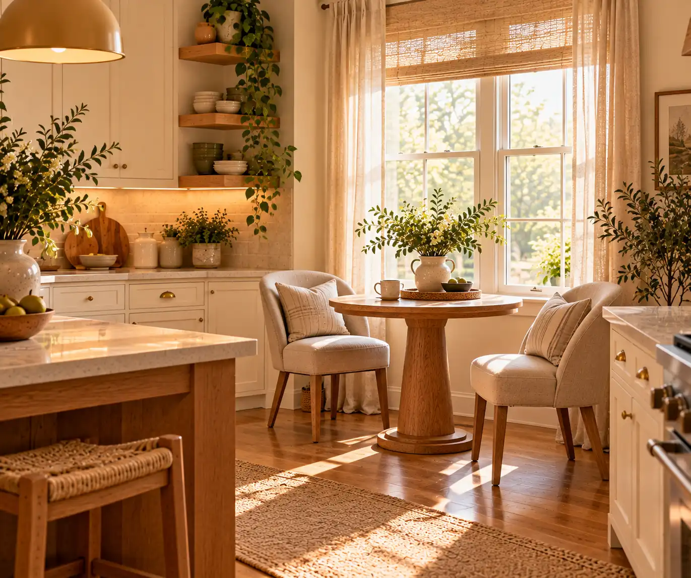 Cozy kitchen breakfast nook with a small wood table and comfortable chairs