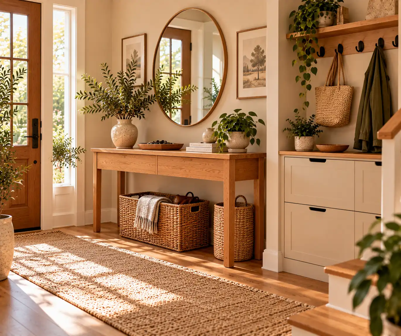 Organized modern entryway with a wooden console, storage basket, and designated spaces for everyday items.