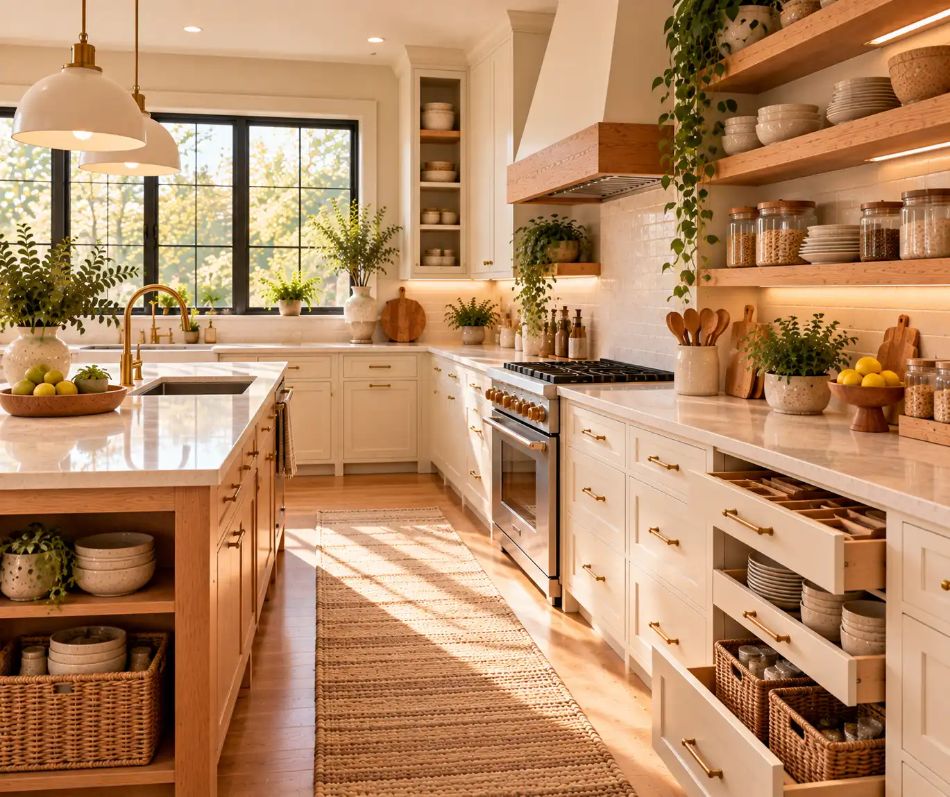 Organized modern kitchen with smart storage, baskets, shelves, and natural wood.