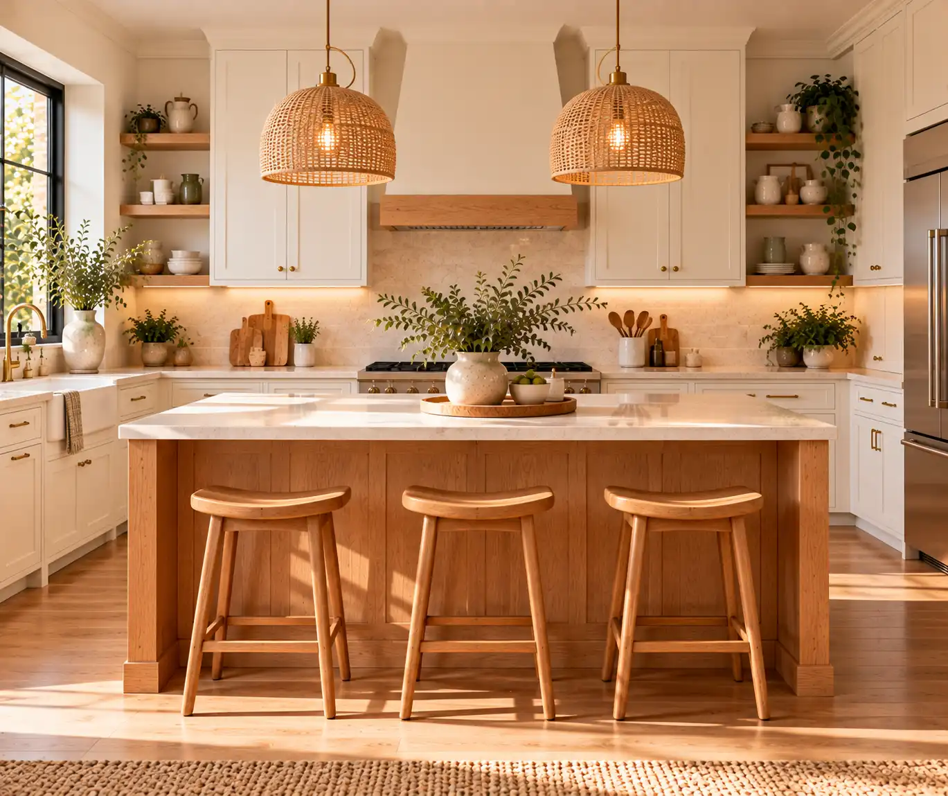 Stylish kitchen with natural wood island, counter stools, and simple decor.