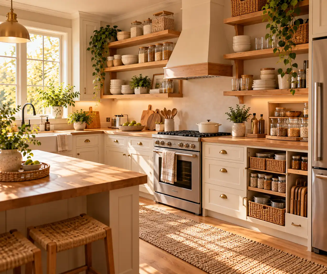 Organized kitchen cabinets and shelves with grouped dishes and practical storage