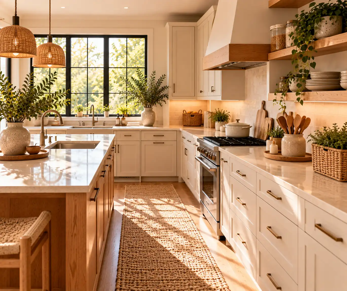 Organized modern kitchen with clear countertops and simple grouped storage.