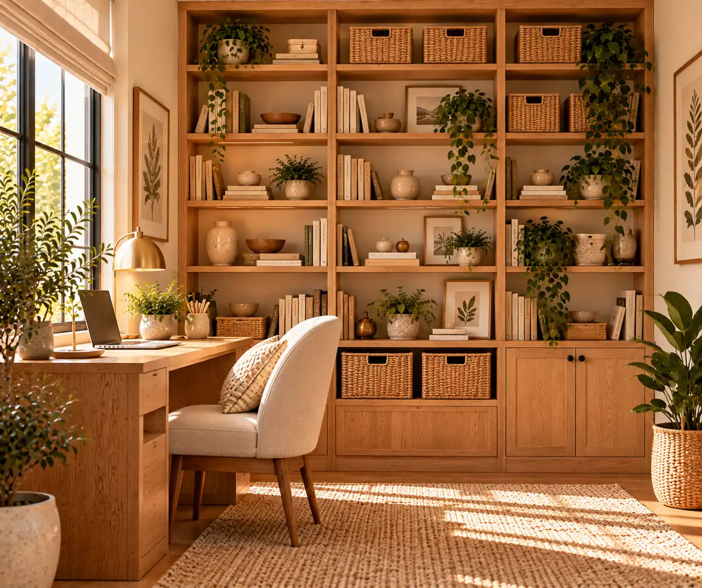 Small home office using tall shelving to maximize vertical storage space.