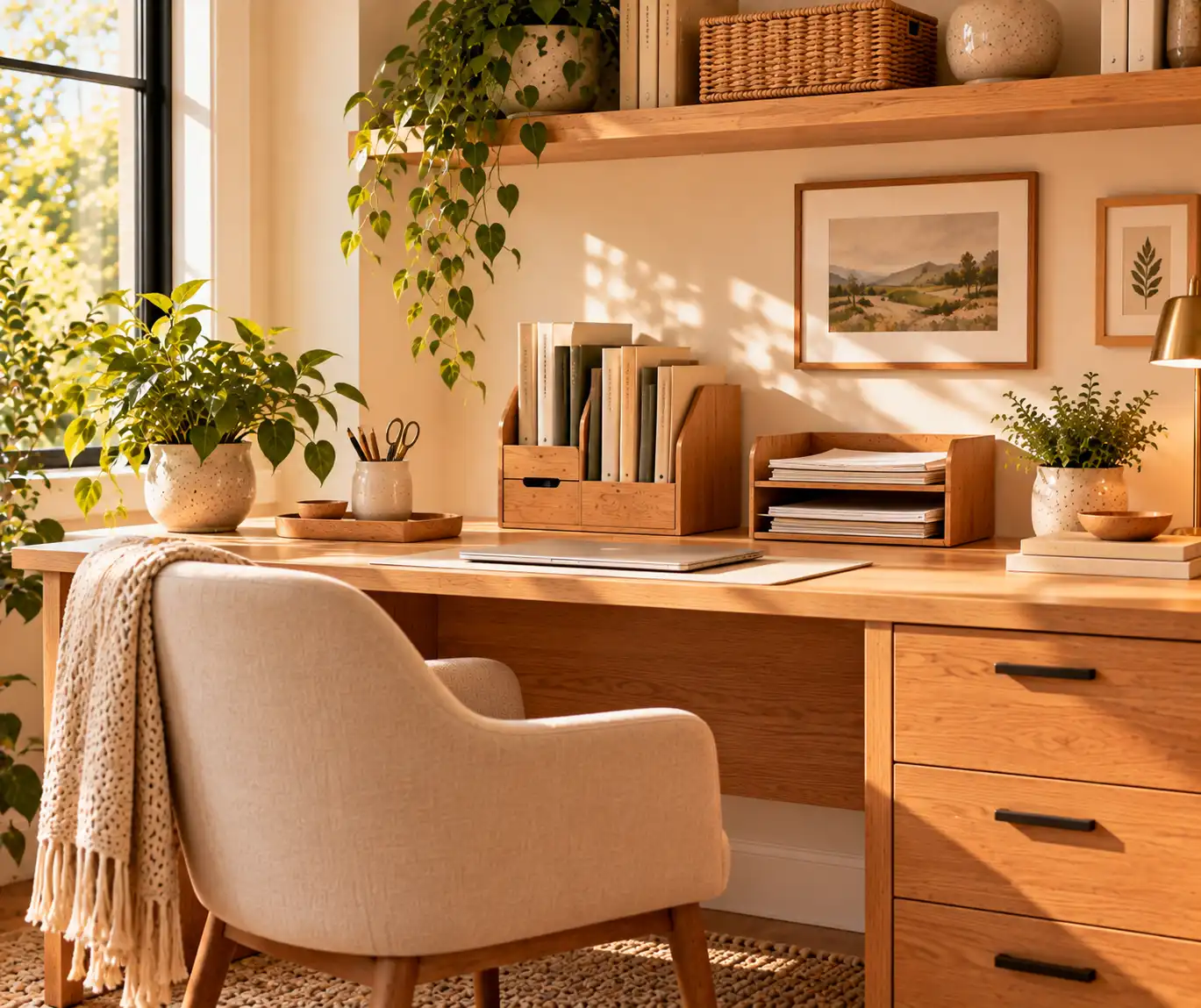 Organized home office with a simple filing system and tidy paperwork station.