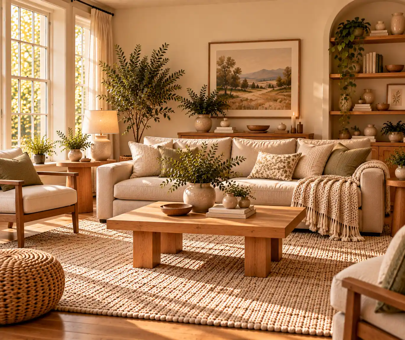 Clutter-free cozy home interior with warm neutral furniture and simple decor