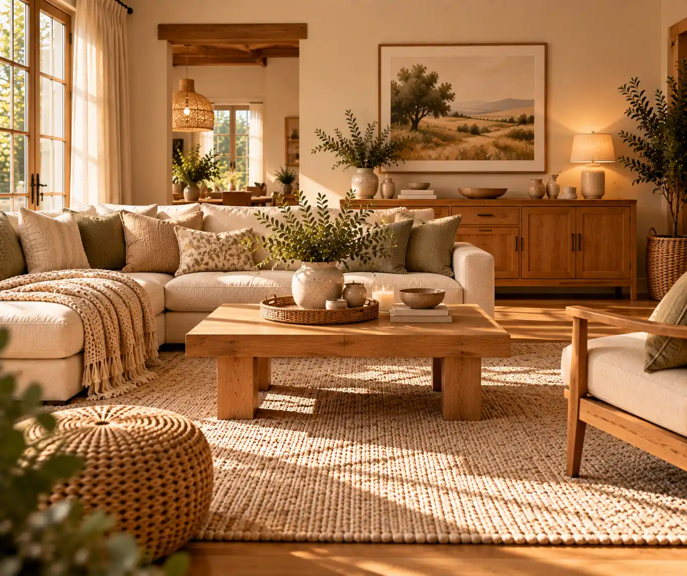 Cozy living space with natural wood furniture and warm neutral decor