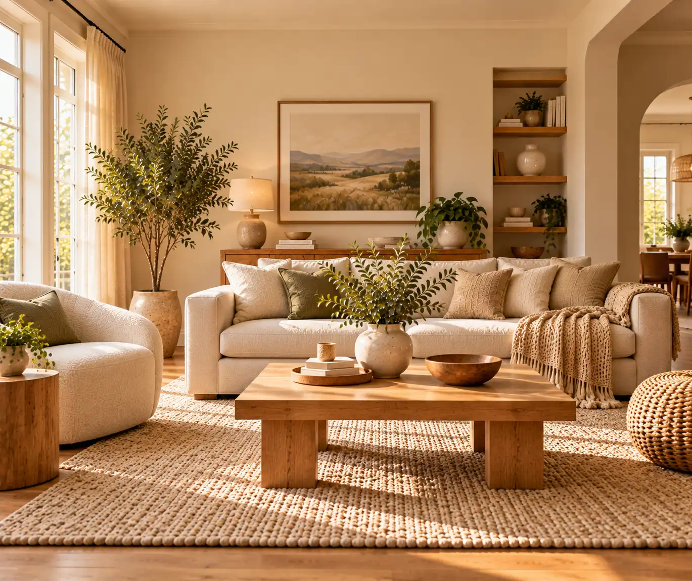 Warm minimalist living room with beige furniture and natural wood accents