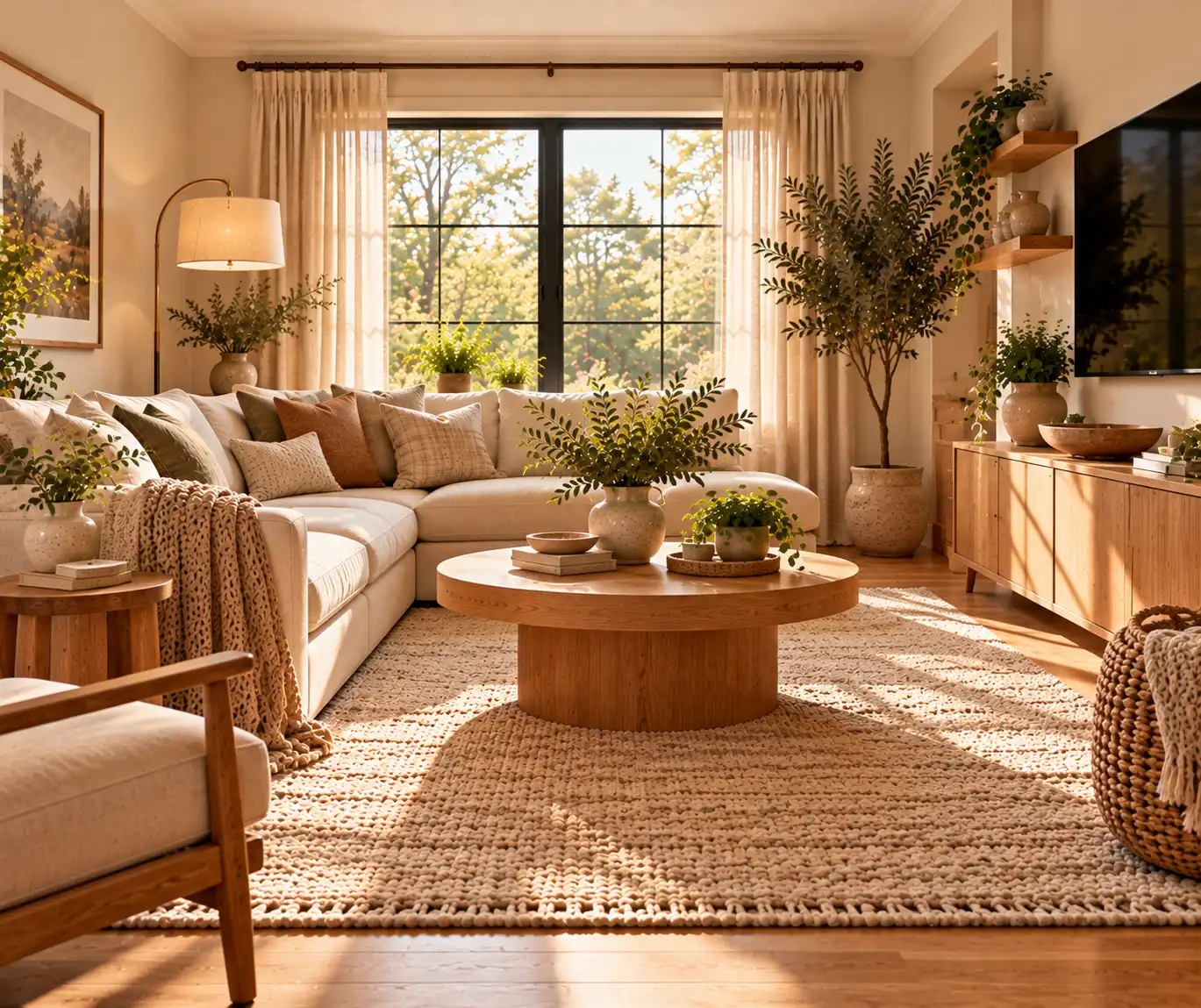 Cozy living room decorated with natural wood furniture and warm neutral textiles.