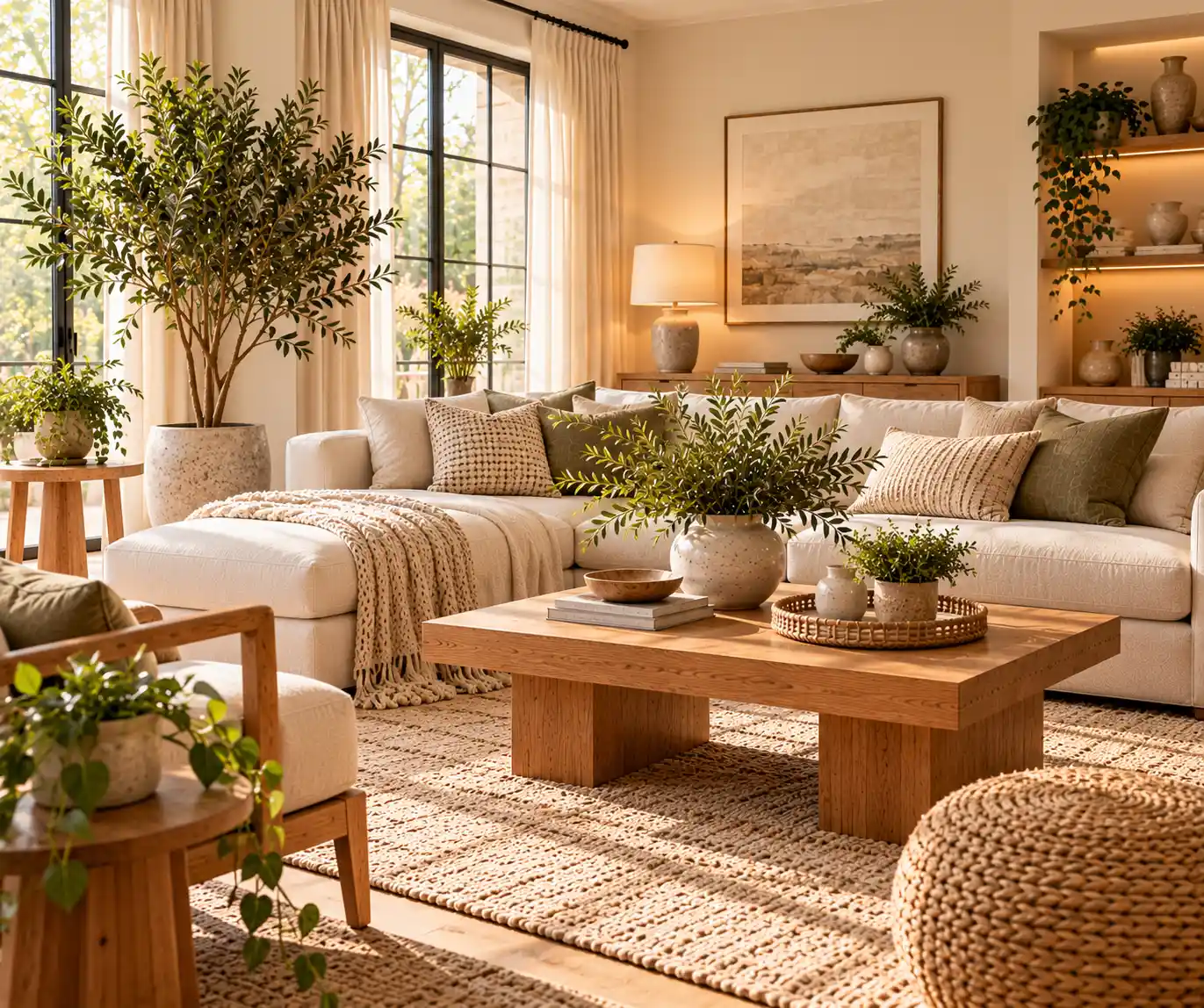 Modern living room with indoor greenery, natural wood furniture, and neutral decor.