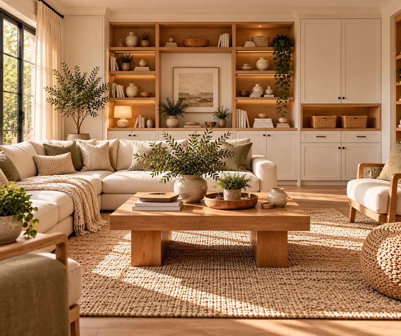Organized modern home with built-in storage, natural wood shelves, and minimal decor.