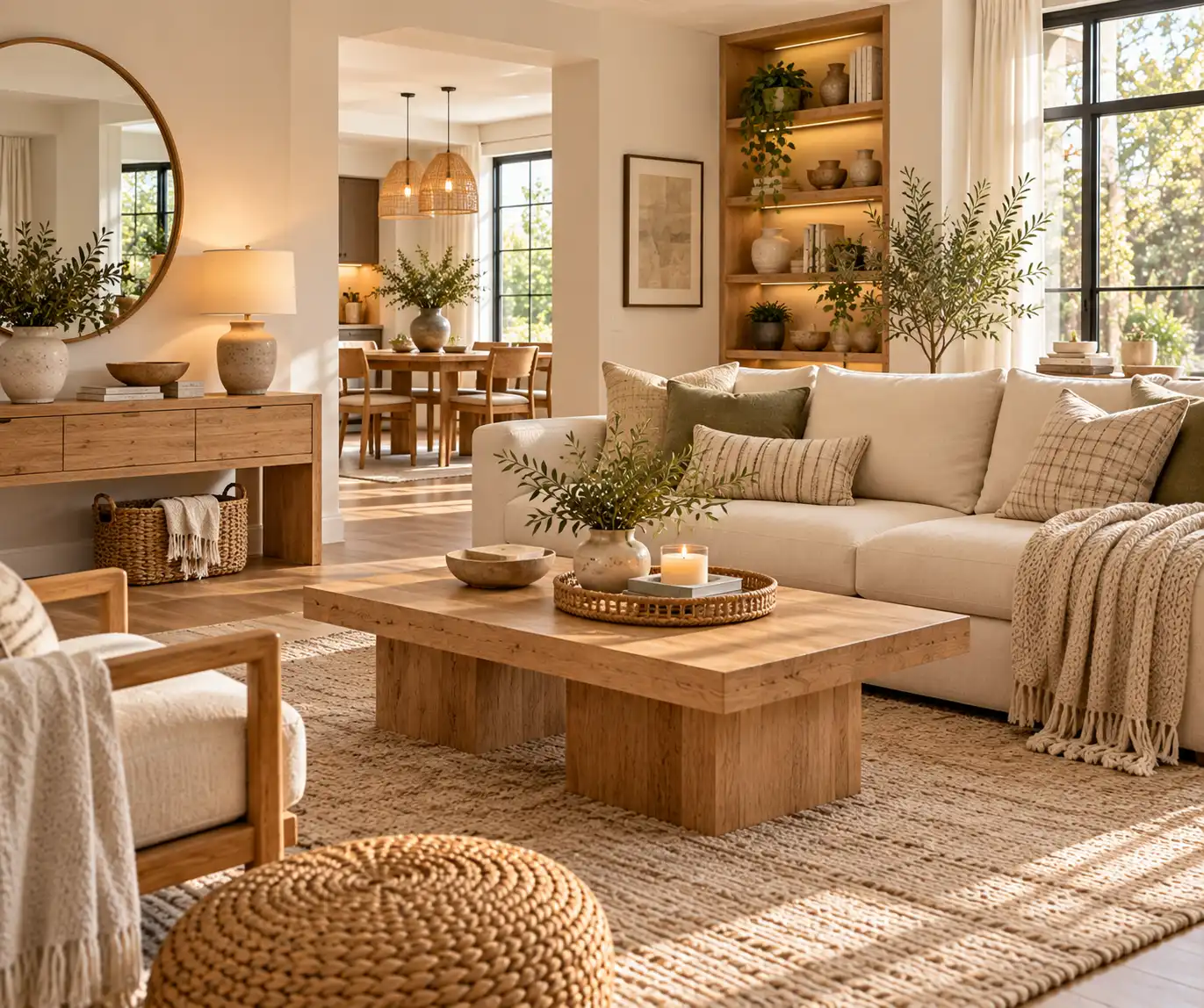 Modern home interior featuring natural wood furniture and warm neutral furnishings.