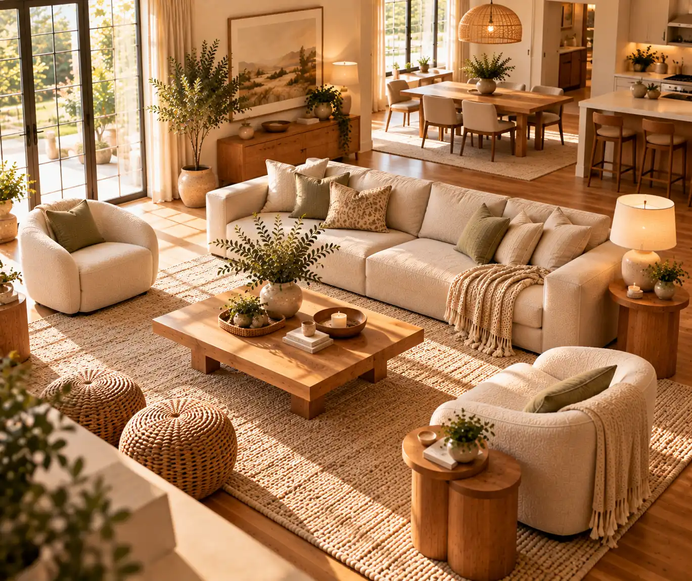 Open modern living room with a flexible furniture layout and clear walking space