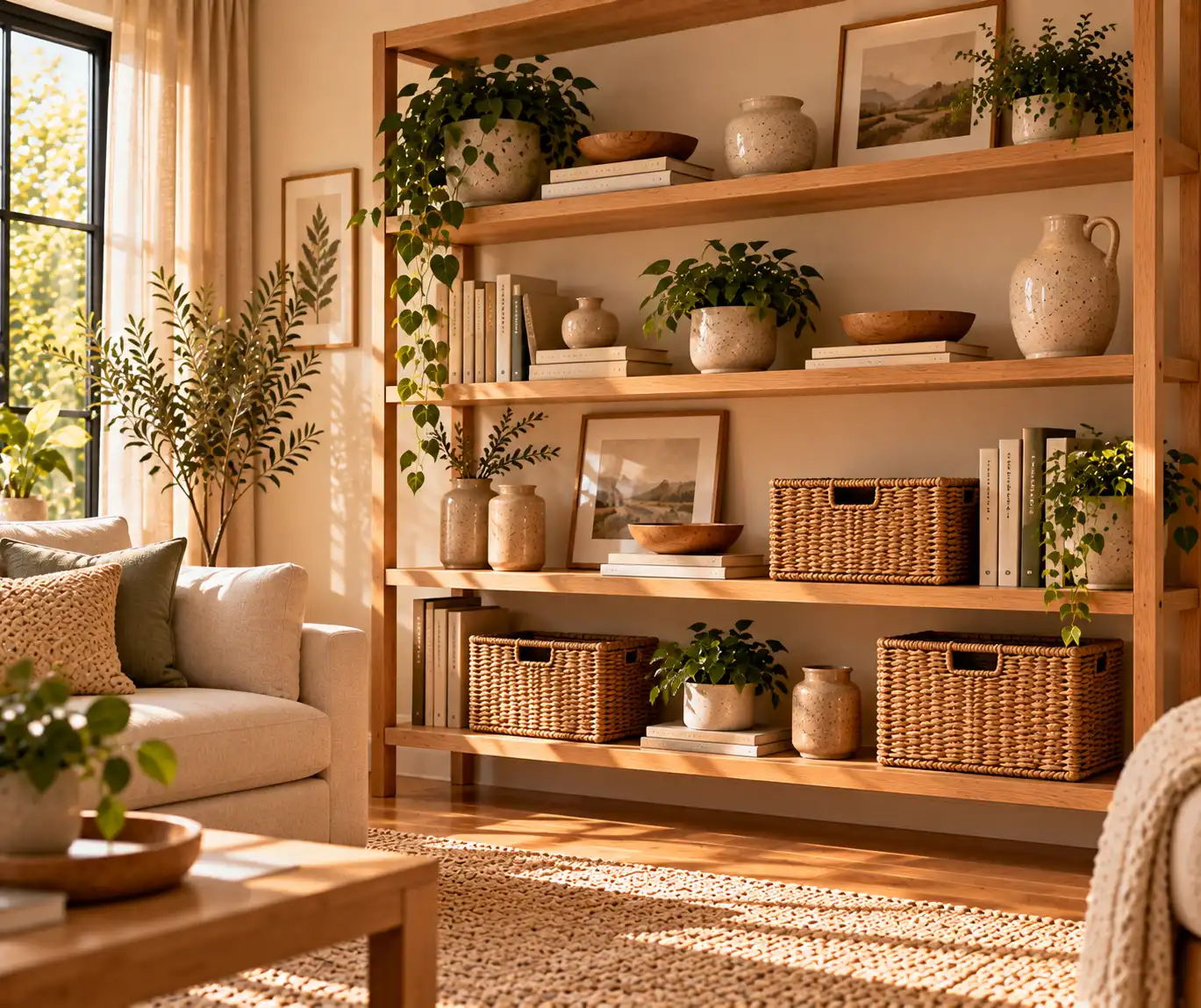 Open wooden shelves styled with books, baskets, ceramics, and greenery.