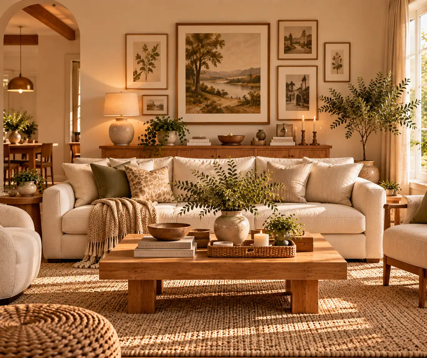 Personalized modern home interior with meaningful artwork, books, ceramics, and natural textures
