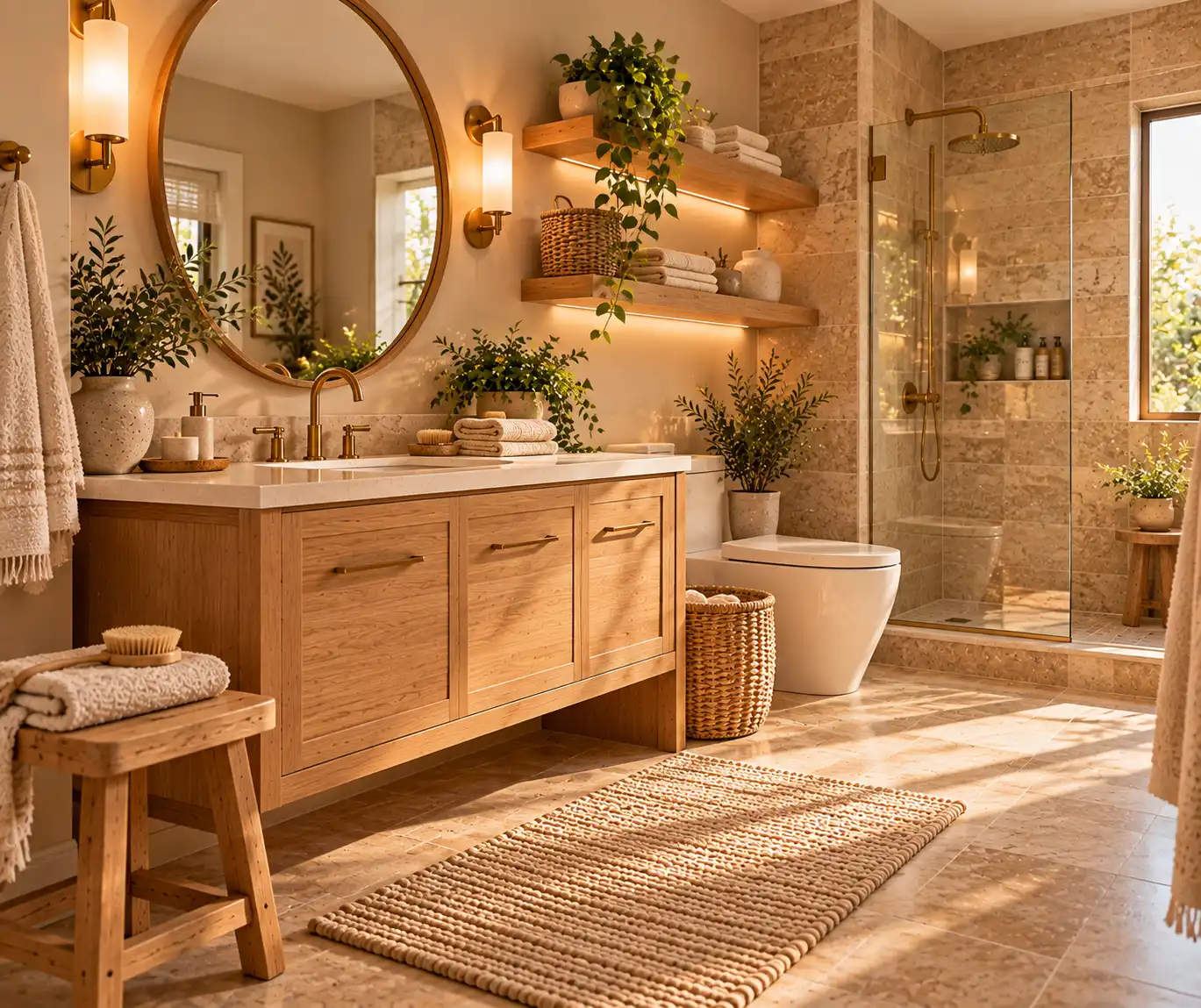 Cozy bathroom with natural wood vanity, wooden shelf, warm stone tiles, and neutral decor.