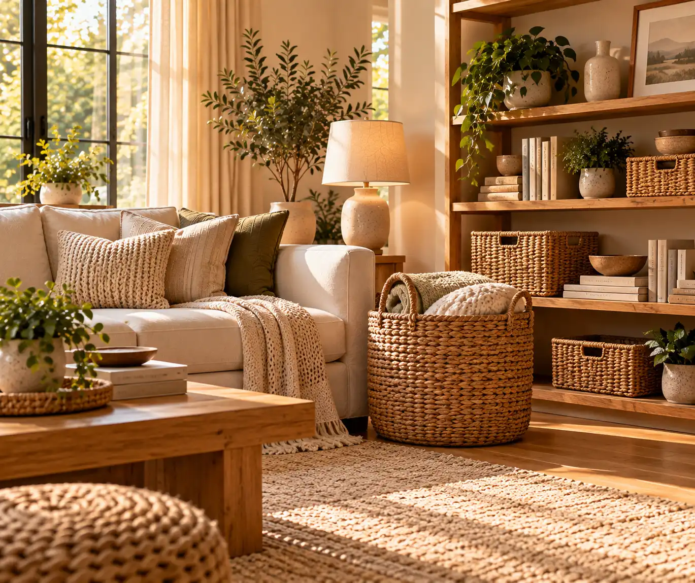 Woven storage baskets keeping blankets and everyday items organized in a cozy living room