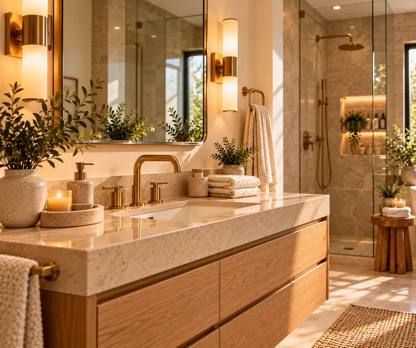 Modern bathroom with coordinated brushed brass fixtures and warm neutral decor
