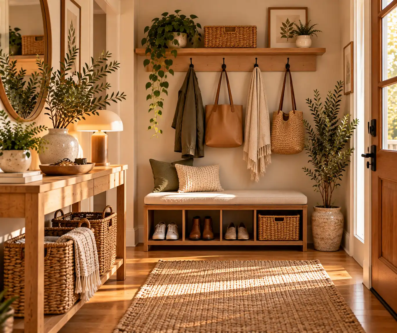Small entryway drop zone with hooks, shoe storage, basket, and console