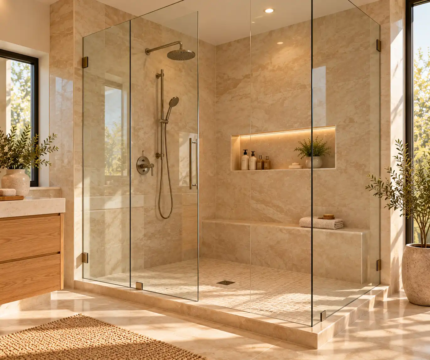 Modern walk-in shower with clear glass, beige stone tiles, and a recessed niche