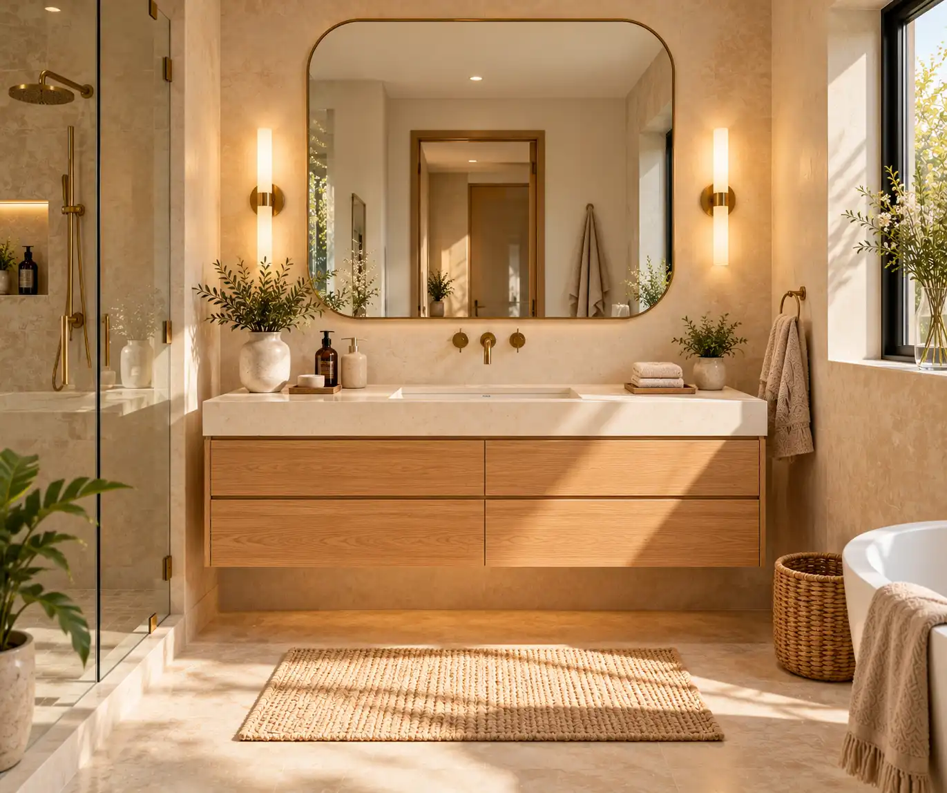 Large rounded mirror above a modern bathroom vanity with warm lighting