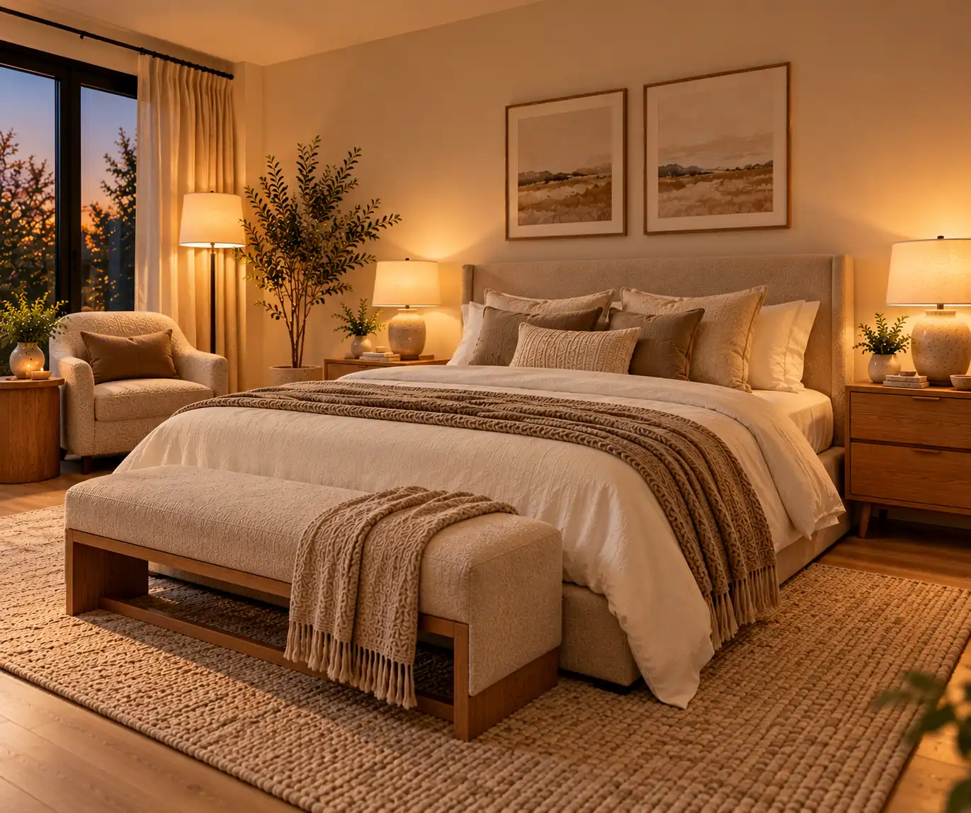 Modern bedroom with layered bedside and floor lighting creating a warm atmosphere.