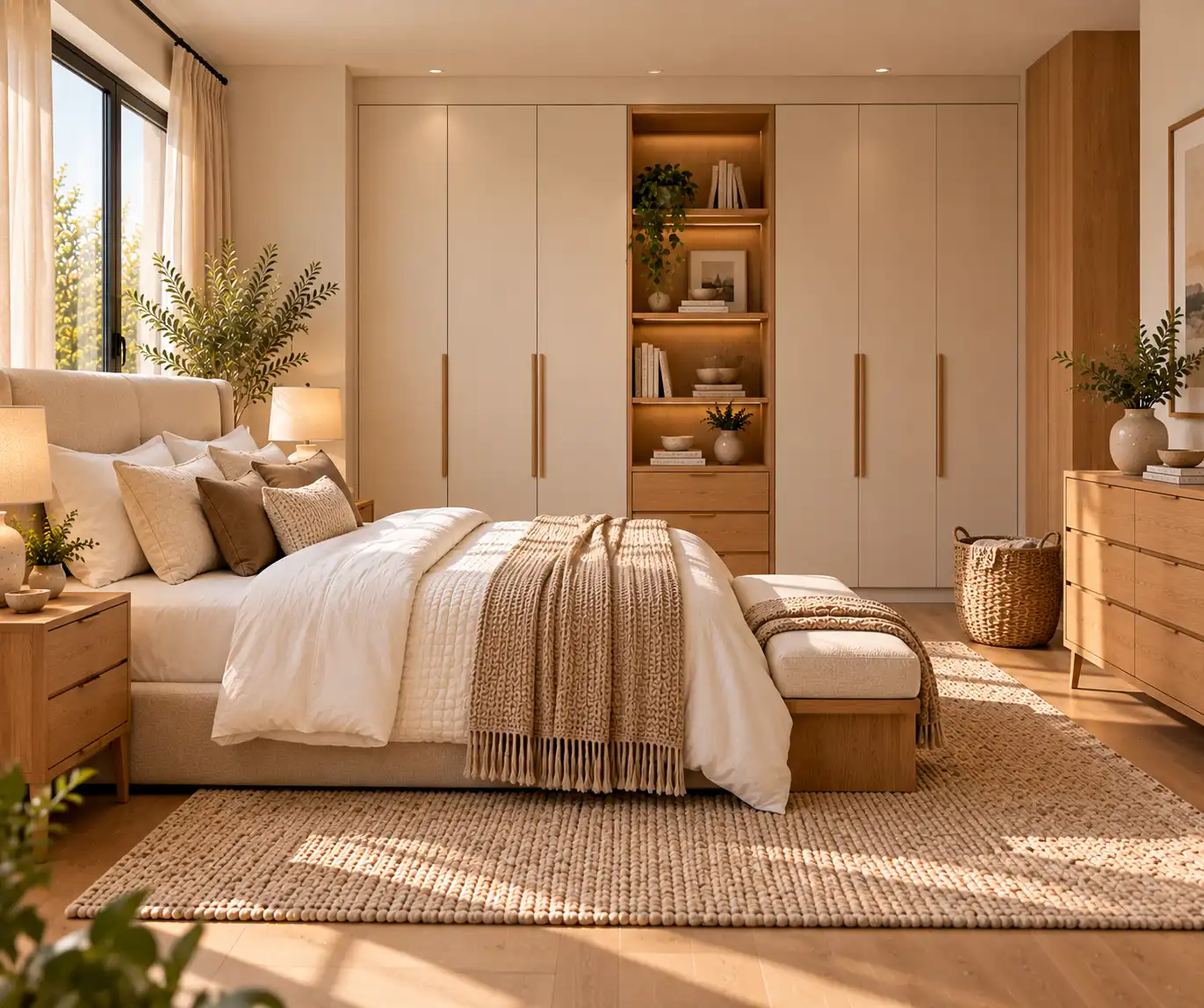 Organized modern bedroom with built-in wardrobe, floating shelf, and simple storage.