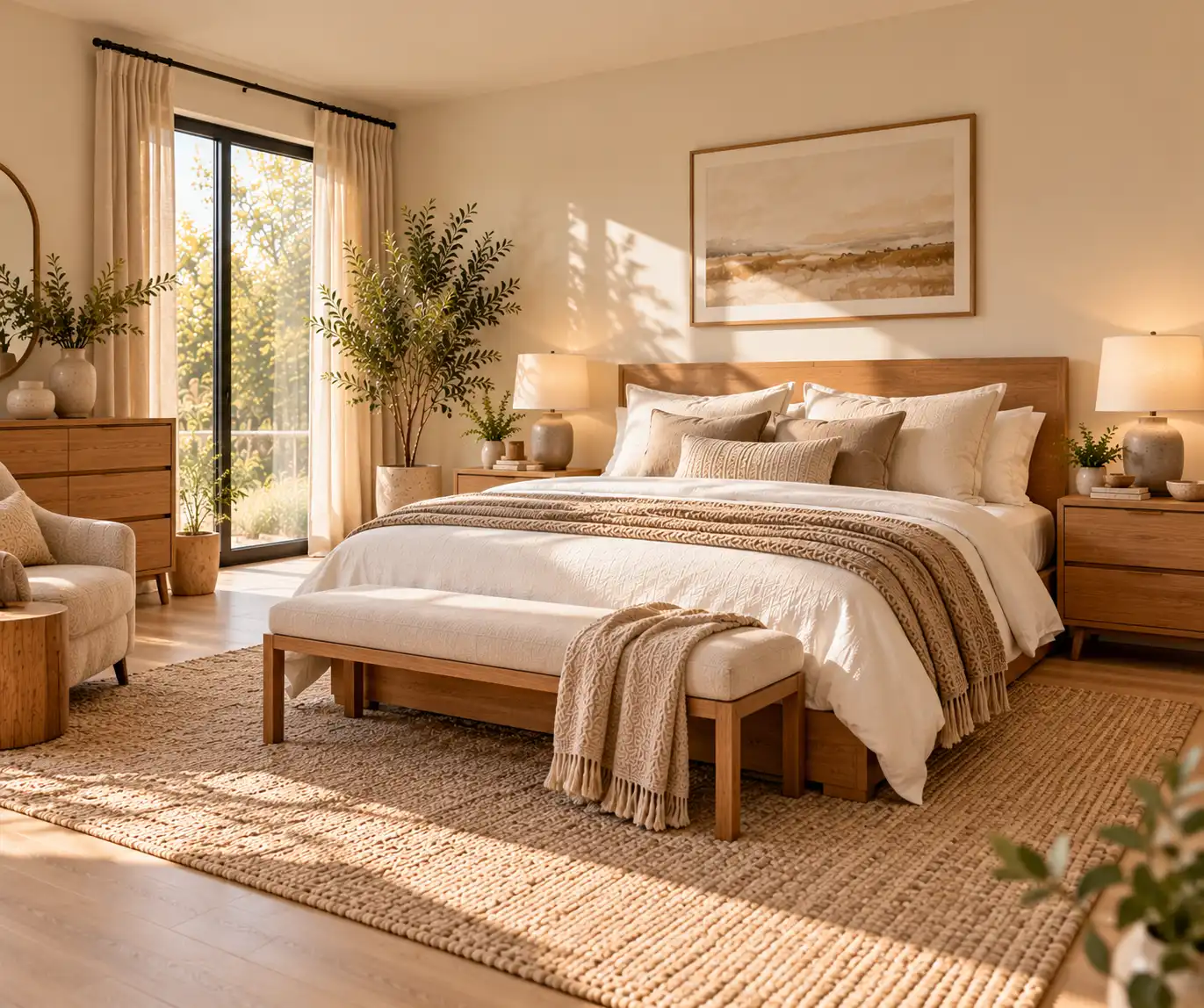 Modern bedroom with natural oak furniture, cream bedding, and warm neutral decor.