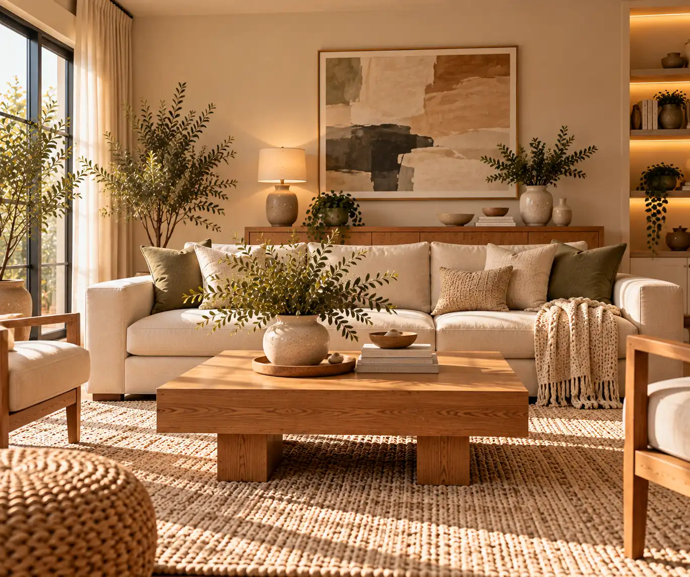 Modern living room with simple decor, abstract artwork, and minimal accessories