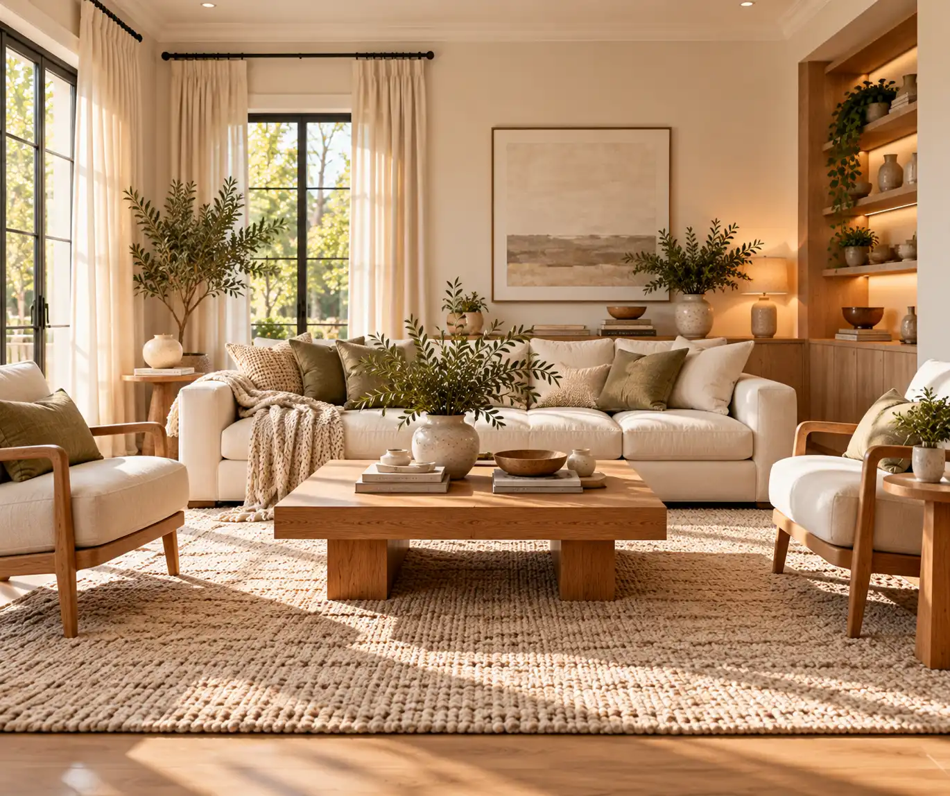 Comfortable modern living room with simple furniture and balanced proportions.