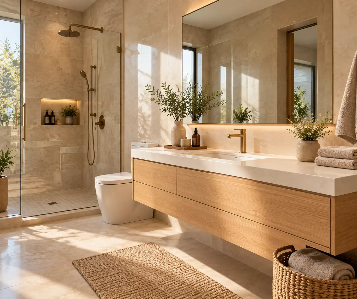 Modern bathroom with a floating natural wood vanity and open floor space