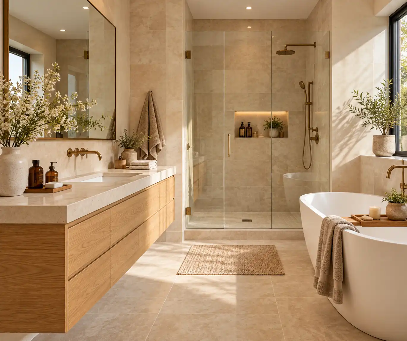 Warm neutral modern bathroom with beige tiles and a natural wood vanity
