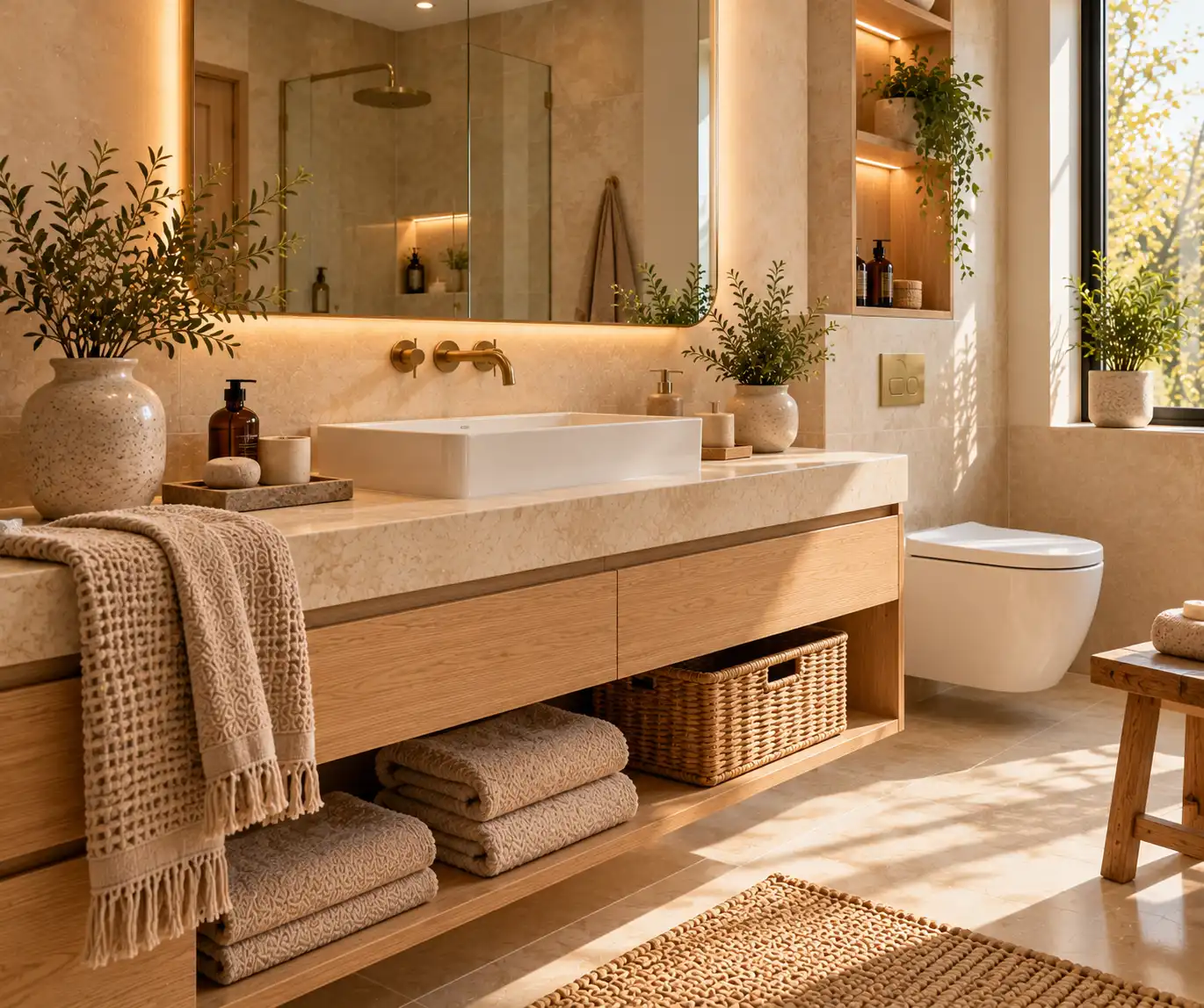 Modern bathroom with layered natural textures, woven storage, wood, and stone