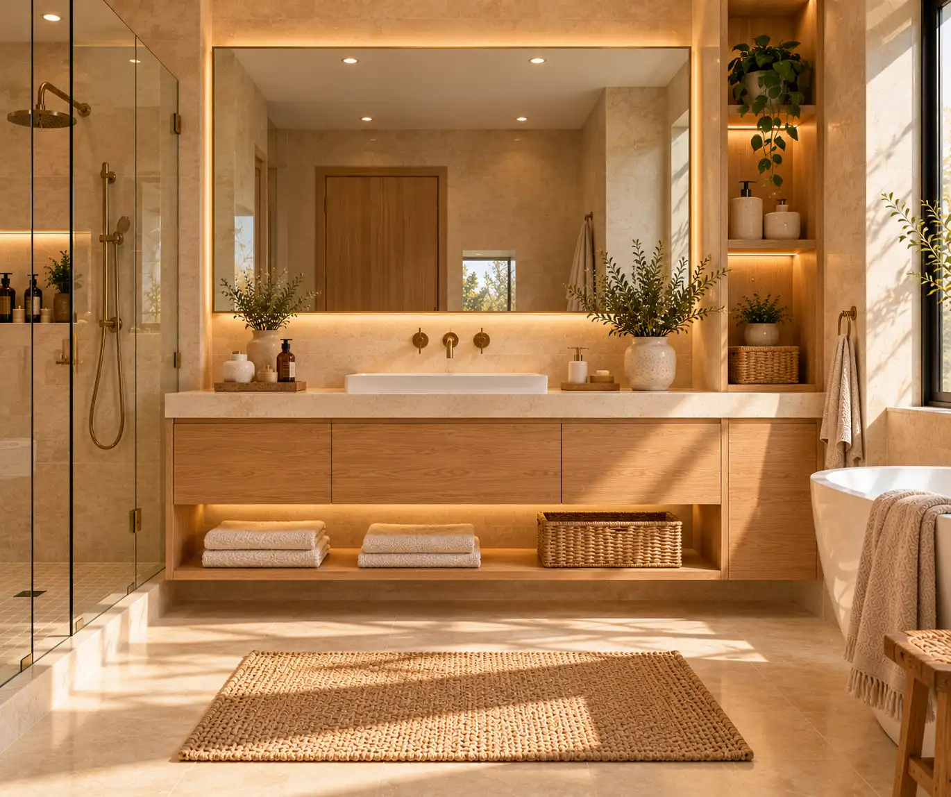 Organized modern bathroom with closed vanity storage, shelves, and neatly folded towels