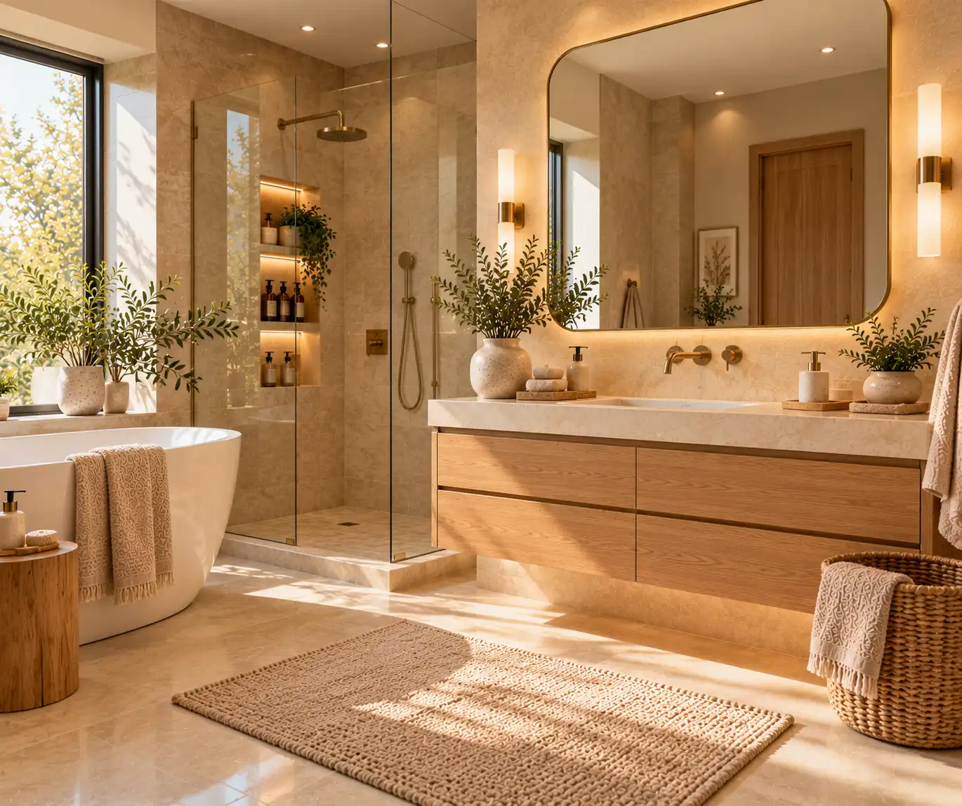 Modern bathroom with clean lines, warm wood, rounded mirror, and soft textured details