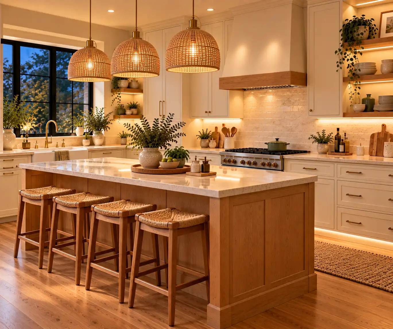 Modern kitchen with layered pendant, cabinet, and ambient lighting.