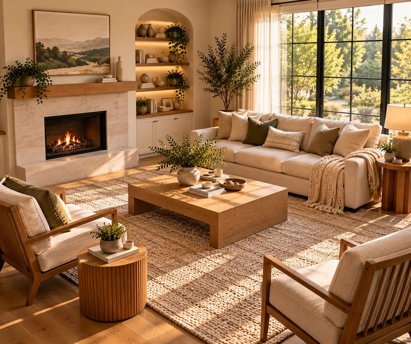 Balanced modern living room furniture layout with a sofa, chairs, and neutral area rug