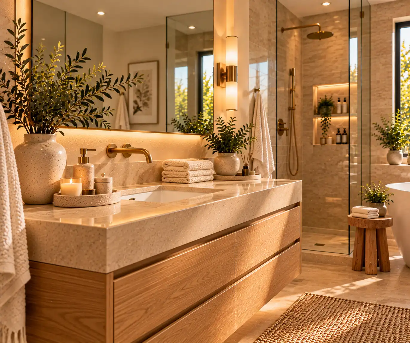 Elegant bathroom with ceramic accessories, cream towels, greenery, and natural wood
