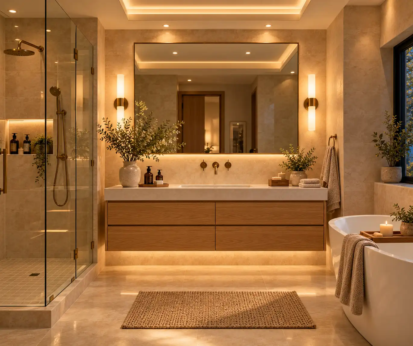 Modern bathroom with layered ceiling and vanity lighting in a warm neutral interior