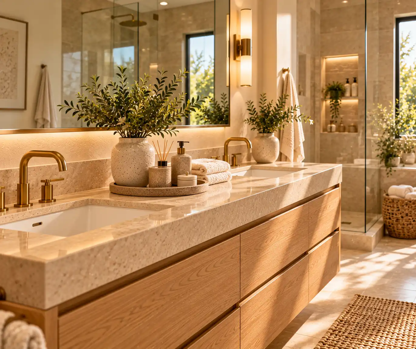 Clean bathroom vanity with curated ceramic accessories and natural wood details
