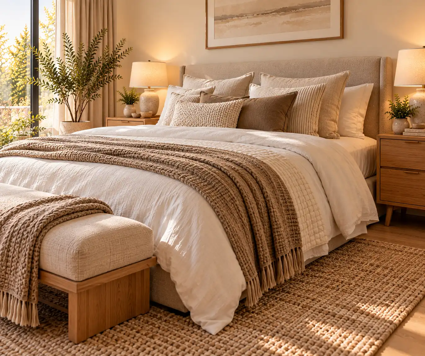 Modern bedroom with layered linen bedding, textured cushions, and a soft neutral rug.