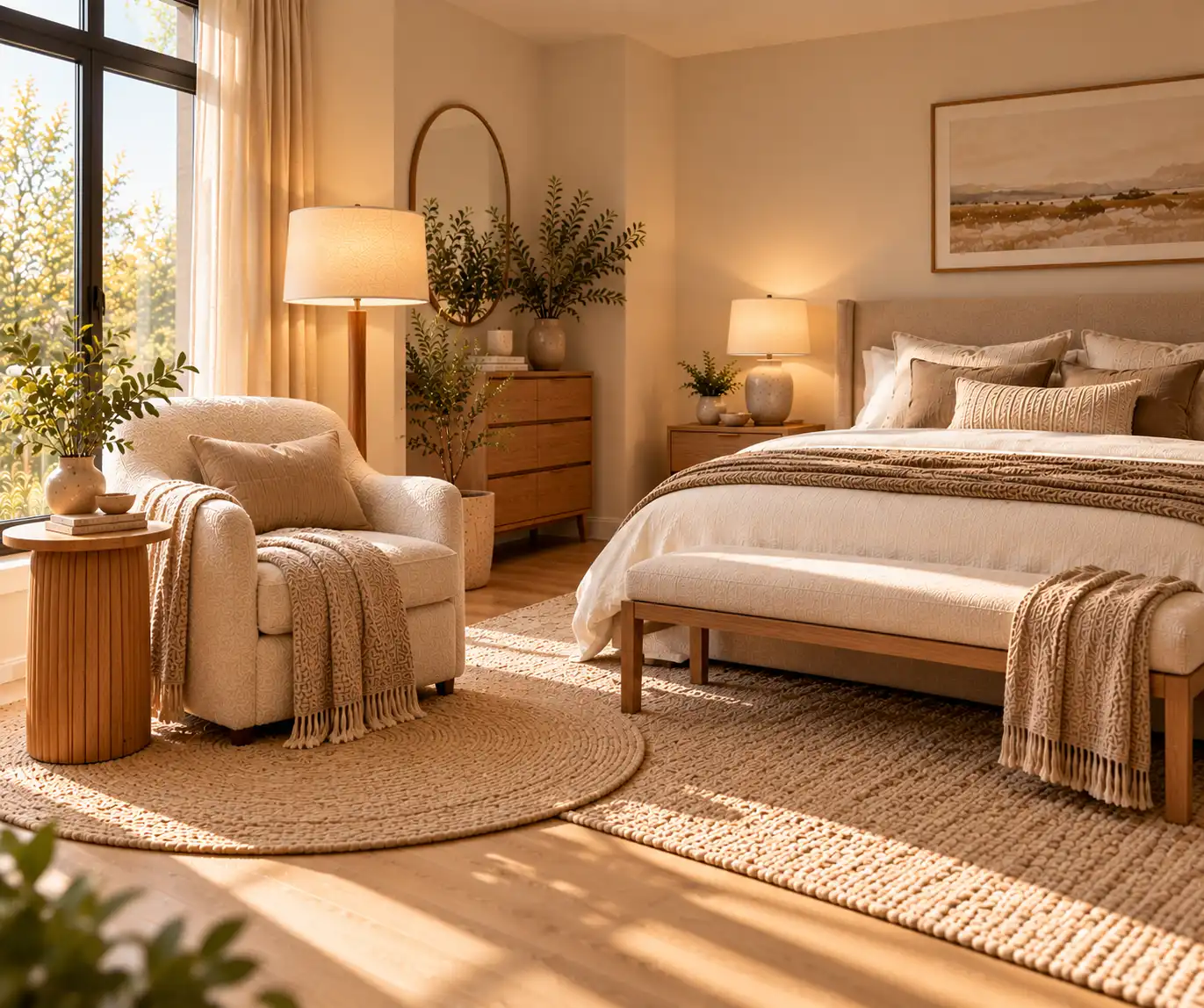 Modern bedroom with a cozy reading corner, upholstered chair, side table, and floor lamp.