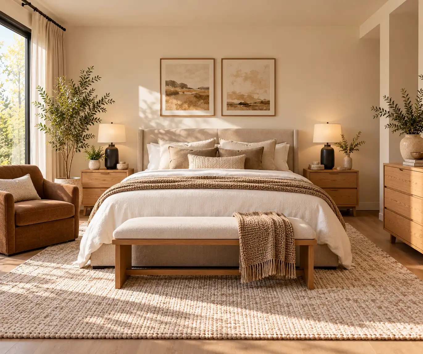 Warm neutral modern bedroom with beige bedding, natural wood furniture, and soft lighting.