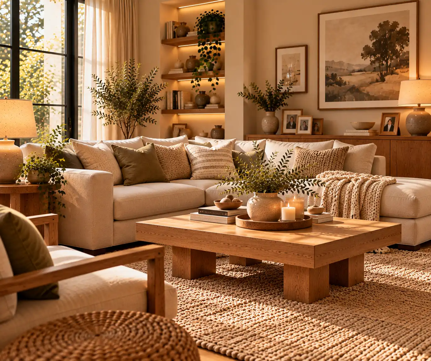 Modern living room with contemporary furniture and personal decorative details