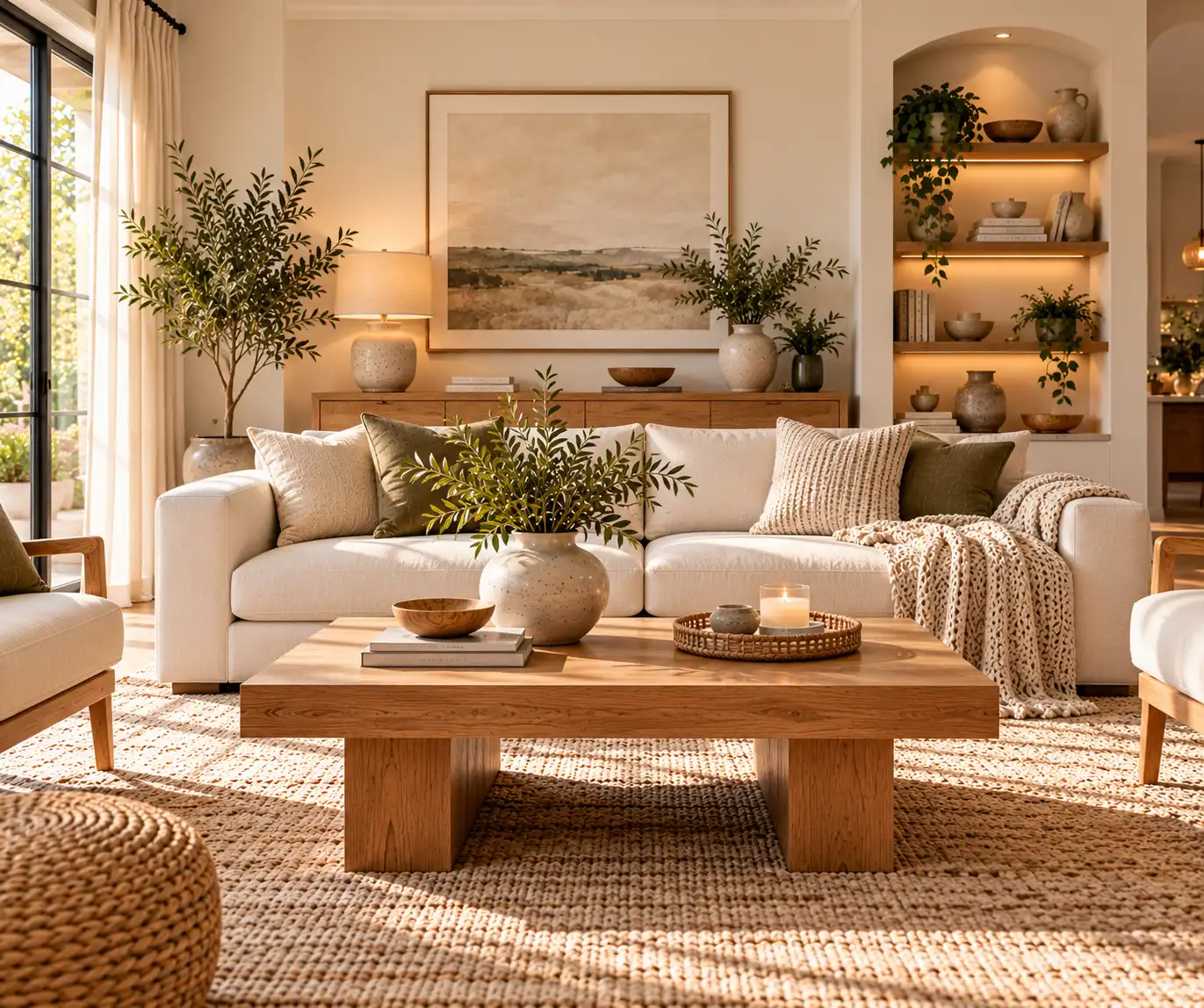 Clean modern living room with simple and intentional decorative styling.