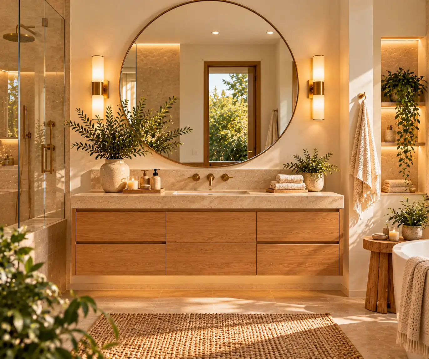 Modern bathroom with a large round mirror above an elegant floating vanity