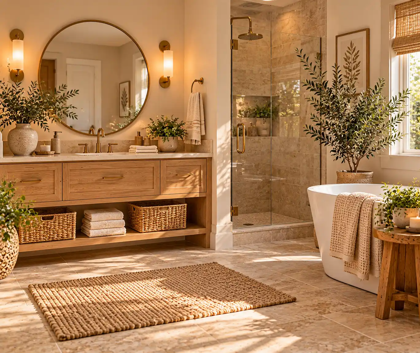 Cozy bathroom with warm neutral colors, natural wood, soft towels, and simple decor.