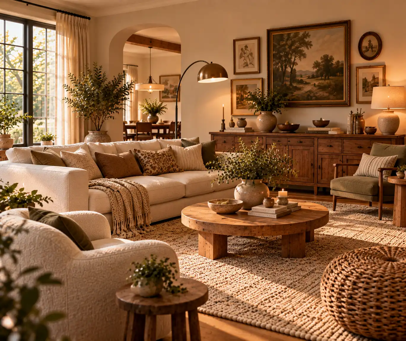 Modern living room mixing contemporary furniture with vintage-inspired decor