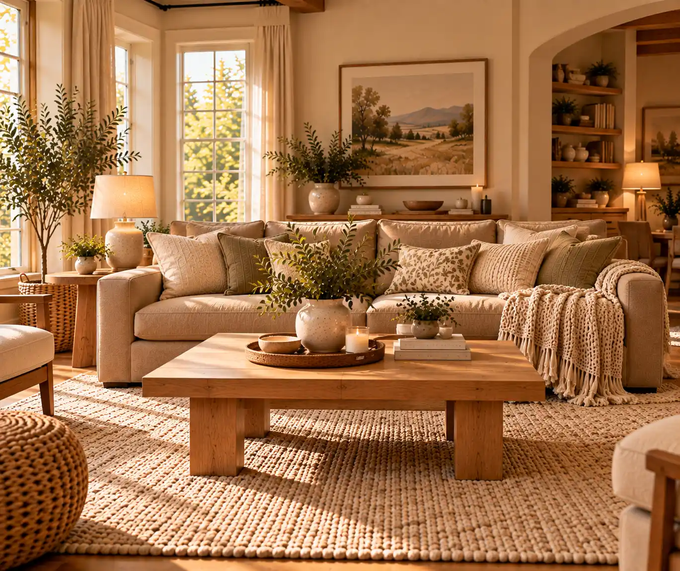 Cozy beige sofa styled with soft cushions, throw, and neutral decor