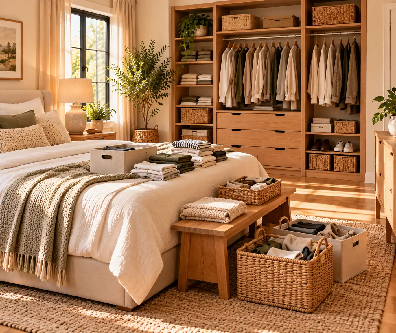Decluttered modern bedroom with organized wardrobe, baskets, and simple storage.
